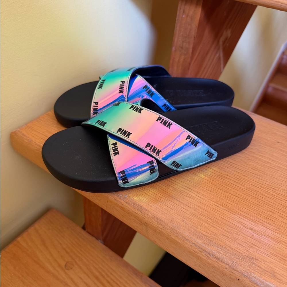 PINK Iridescent Cross-Strap Slide Sandals - Black Sole